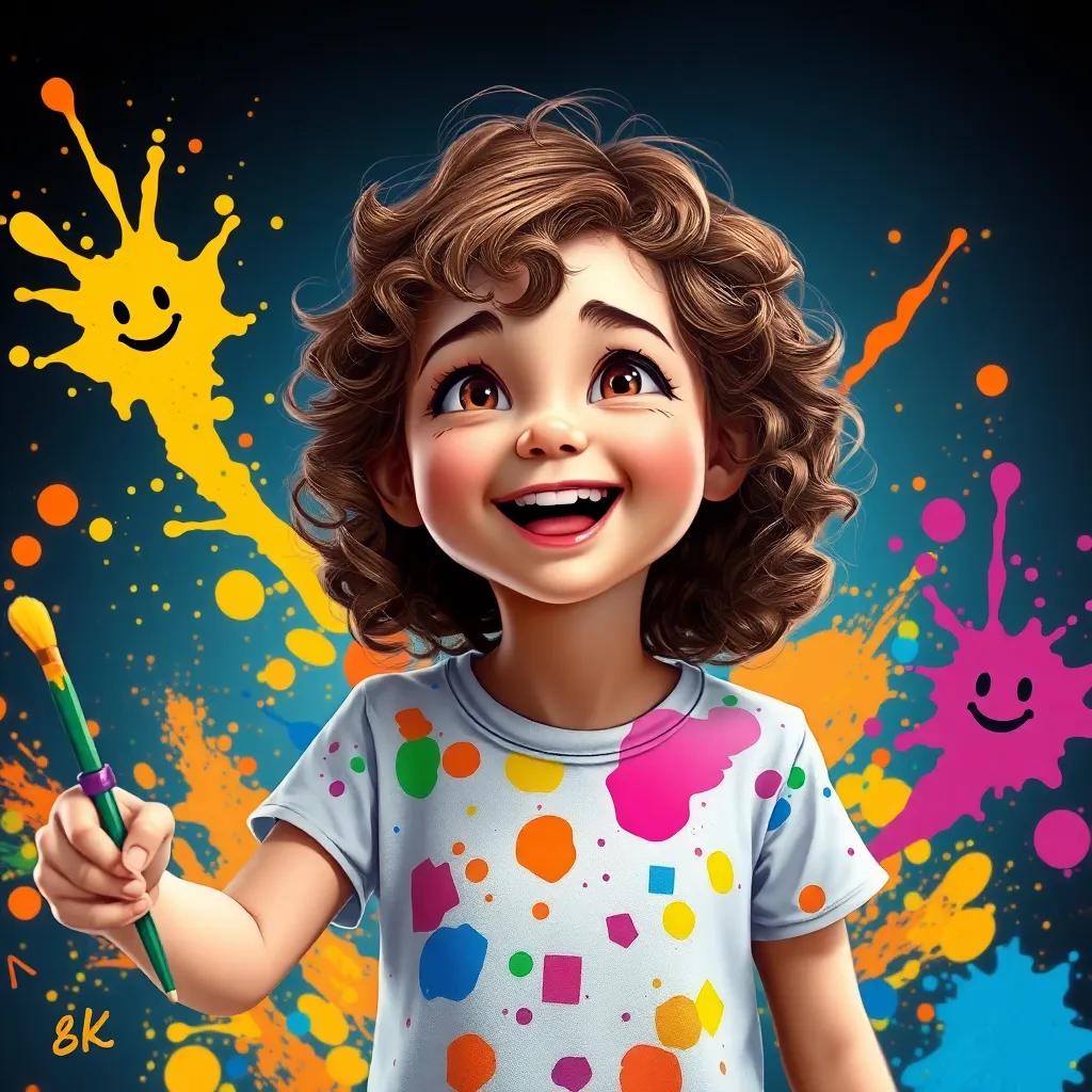 Piper, a young girl, with curly brown hair in a paint-splattered shirt, excitedly painting as colorful spatters of paint swirl around her, each color with its own happy face, digital art, magical atmosphere, vivid colors, high quality