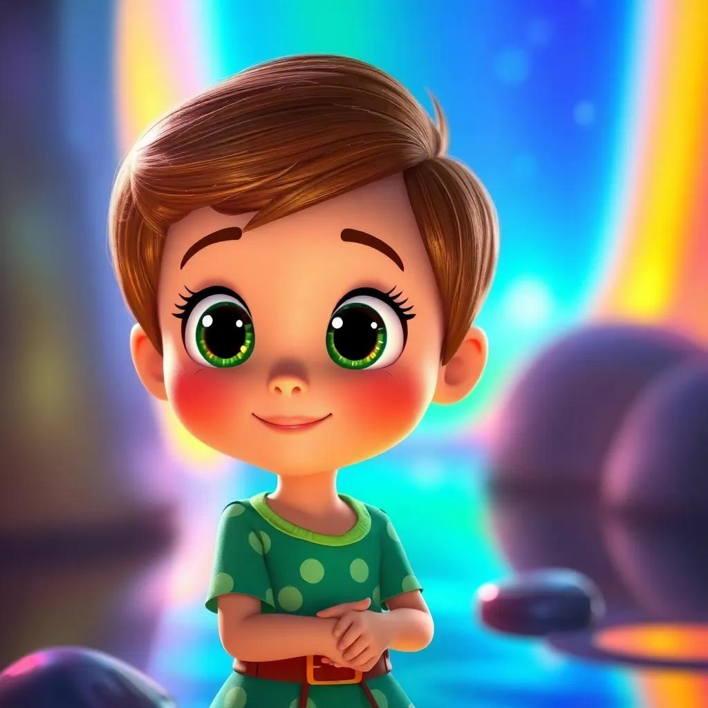 Piper listening with wide eyes as bright colors, like blue, green, and yellow, come to life, each color's whisper depicted as subtle colorful waves, magical art style, cheerful ambiance, surreal quality