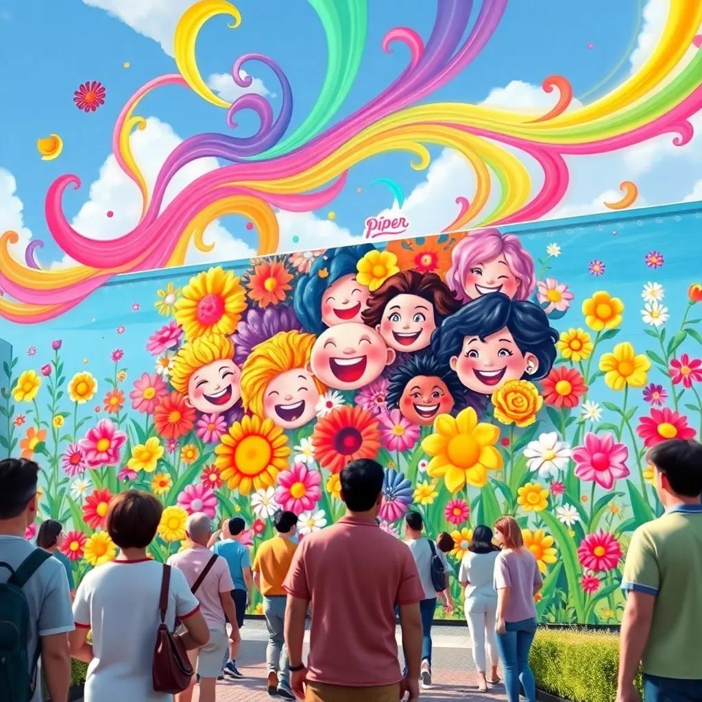 A beautiful mural created by Piper, filled with happy faces and vibrant flowers, with people admiring it, colors swirling joyfully above, lively and colorful atmosphere, illustration, dynamic perspective, inviting