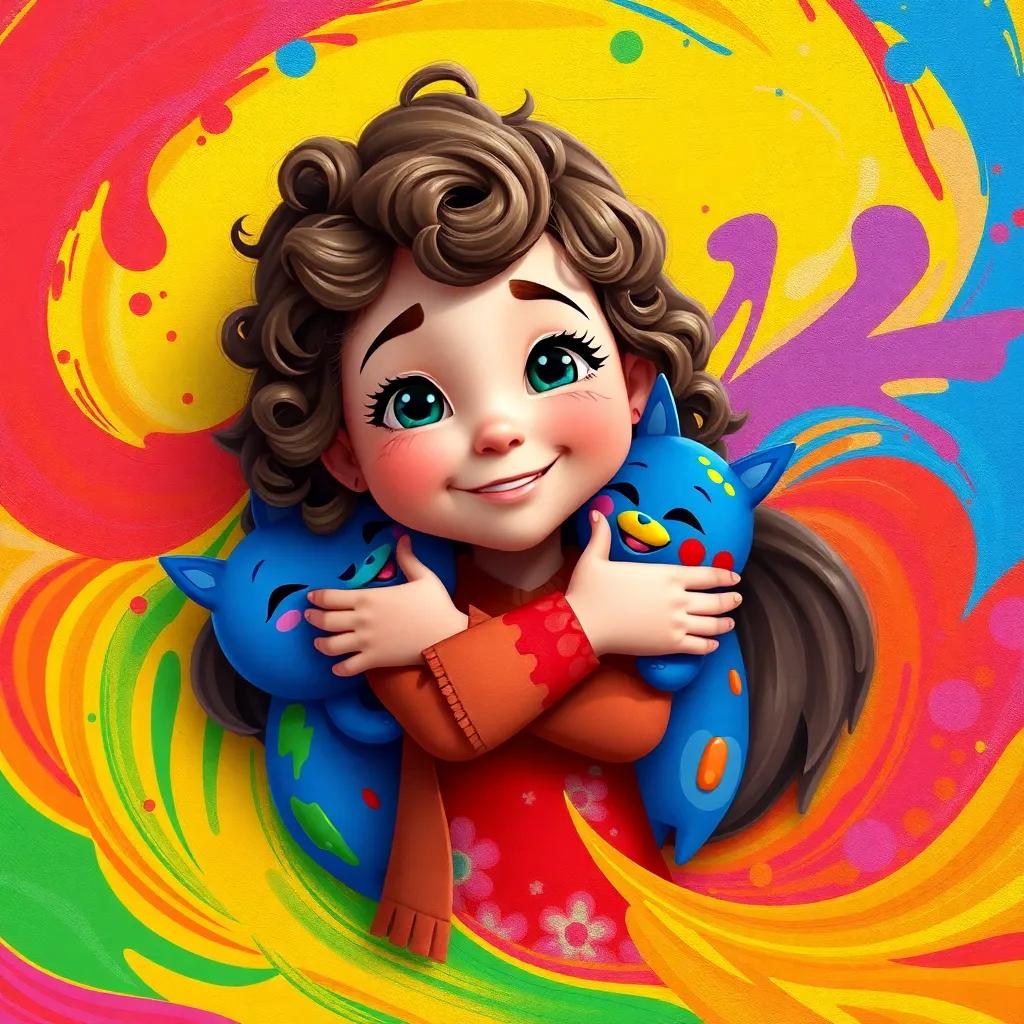 Piper, a young girl with curly brown hair, surrounded by colorful swirls of paint, hugging her colorful color friends in joyful celebration after finishing the mural, warm and uplifting atmosphere, bright colors, charming art