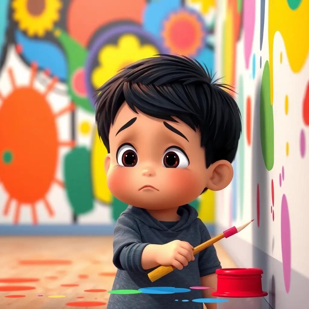 A sad little boy, with short black hair, watching Piper paint, under a bright colorful mural, gradually smiling as he picks up a paintbrush, and splashes paint on the wall, heartwarming scene, cheerful colors, playful perspective