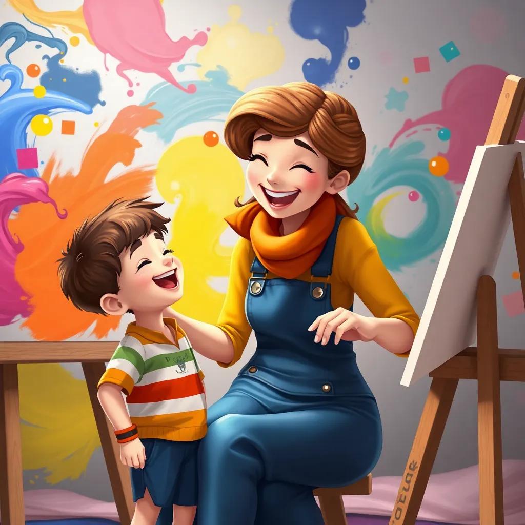 Piper teaching the little boy beside her, both of them laughing as they paint big strokes together, colors animatedly swirling around, vibrant and joyful environment, illustration, child-friendly art style, high quality