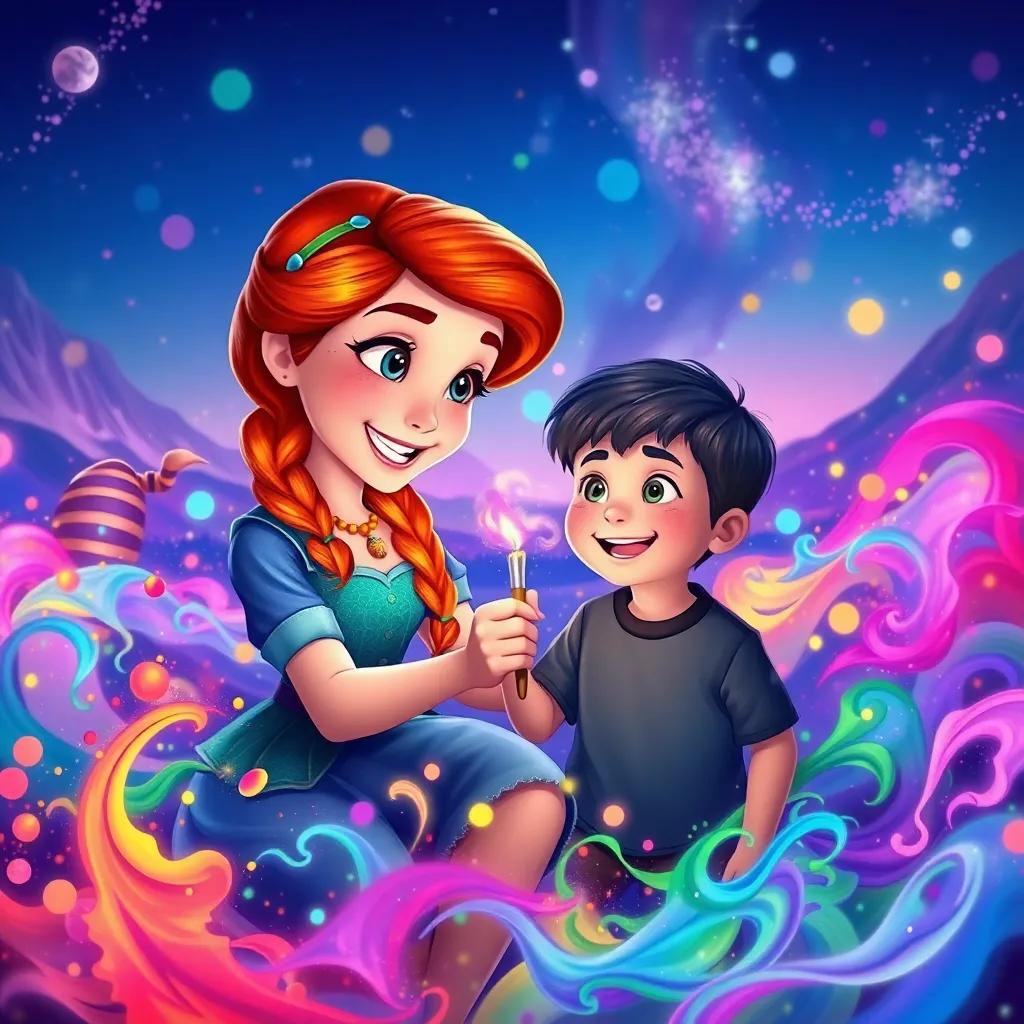 Piper and the little boy surrounded by dancing colors as they paint together, with happy faces on the colors, celebrating friendship and creativity, magical landscape, uplifting scene, vivid colors, detailed