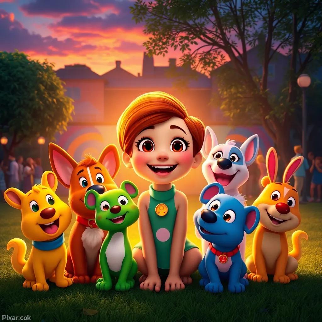 Piper happily surrounded by her colorful friends in the park, dramatic sunset lighting illuminating their joyous faces, with townspeople enjoying the mural in the background, bright and encouraging atmosphere, enchanting art