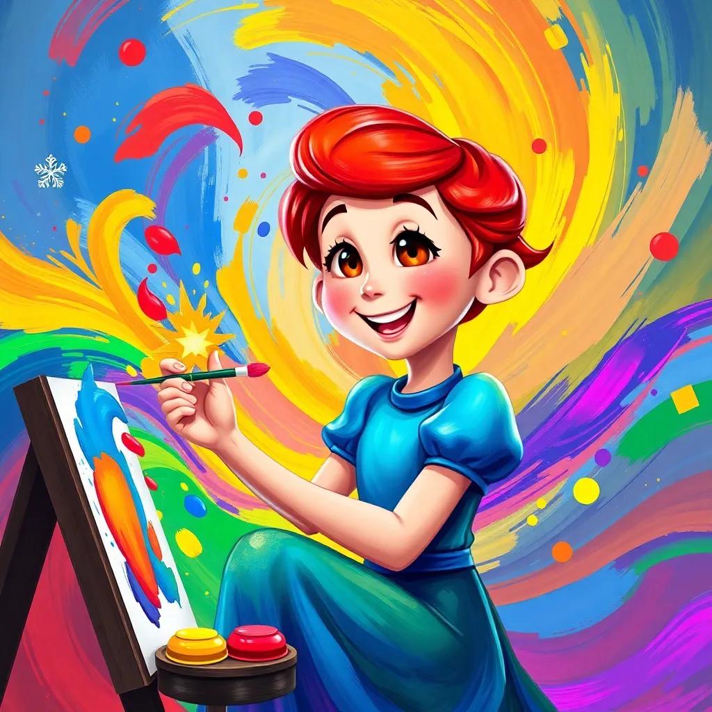 Piper painting with the colors, different colors laughing and happily swirling around her, sharing stories through bright vibrant strokes, magical joy, imaginative perspective, whimsical art style