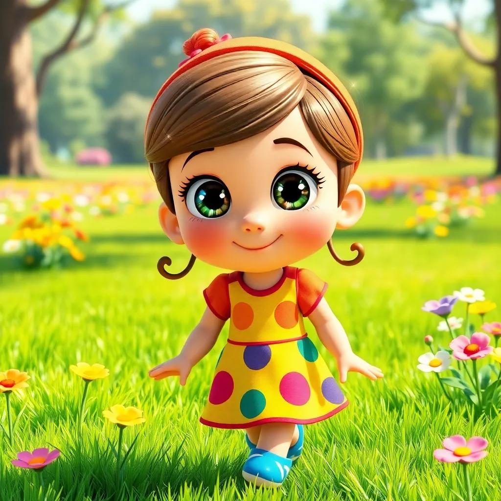A curious girl named Piper with sparkling eyes, wearing a colorful dress, walking in a sunny park, bright green grass, vibrant flowers, happy atmosphere, digital art, cheerful and colorful, high quality