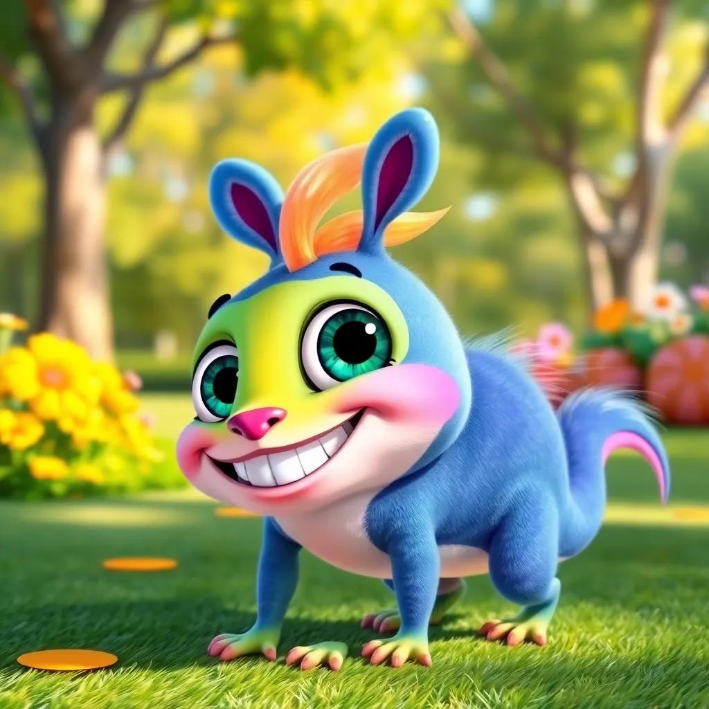A colorful, small, wiggly creature with big eyes and a silly grin, giggling next to Piper, bright park background, playful vibe, whimsical style, inviting colors, detailed illustration