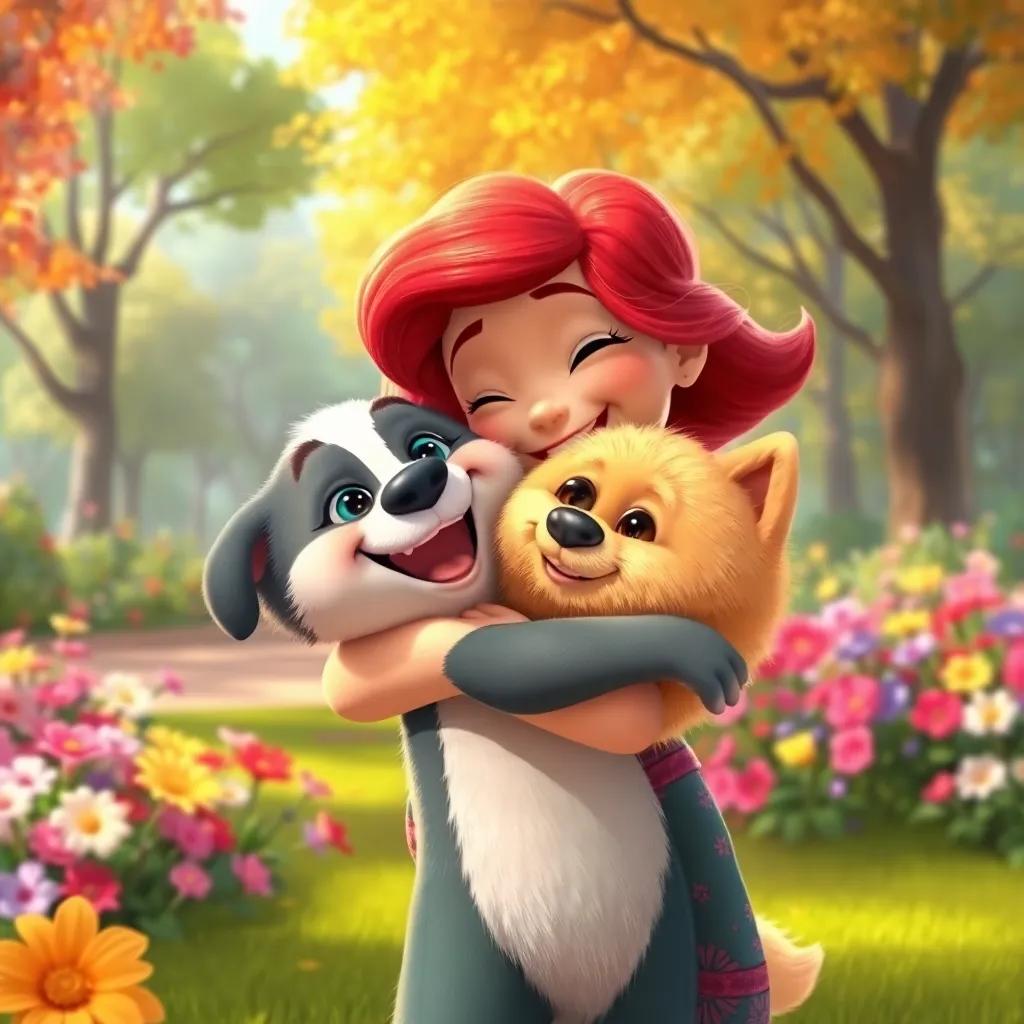 Piper laughing and hugging her shapeshifting pet that has transformed into a fluffy puppy, in a colorful park with trees and flowers, joyous scene, bright and lively, digital painting, warm tones