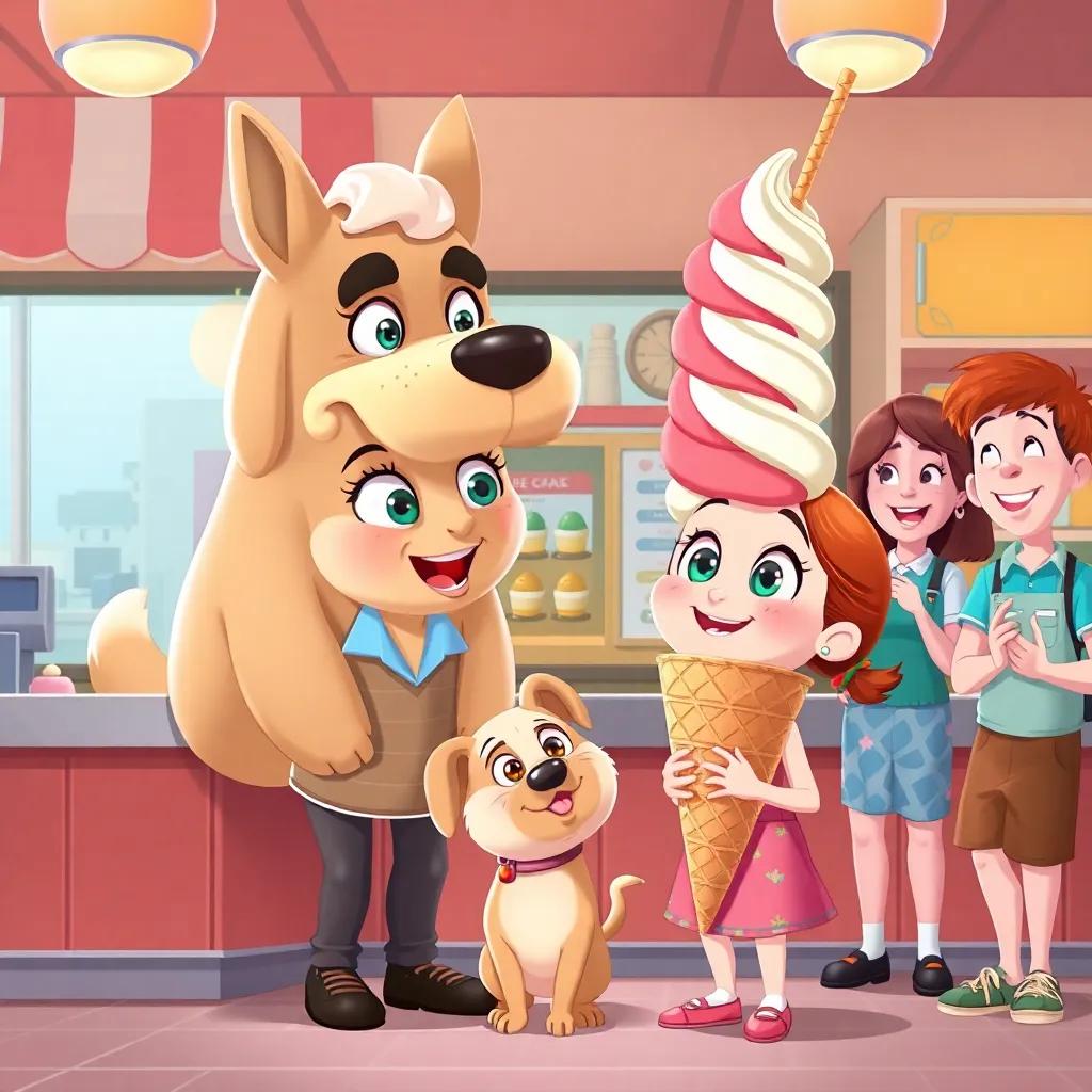 Piper and her pet at an ice cream shop where the pet turns into a tall ice cream cone, Piper licking the ice cream with a smile, cheerful customers looking surprised, fun and lively illustration, colorful