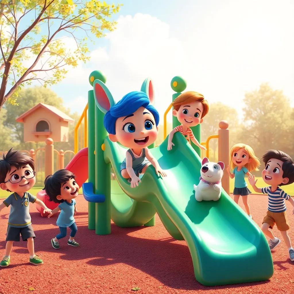 Piper at a playground with her pet transformed into a slide, laughter echoing, kids playing around, sunny day, happy children's atmosphere, vibrant colors, digital art, joyful and energetic