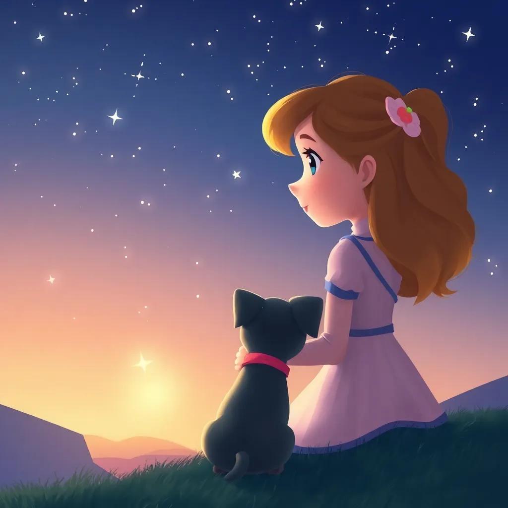 Piper and her pet staring at a starry sky, the pet glowing like a star, romantic nighttime scene, twinkling stars, soft hues, peaceful atmosphere, calm and magical illustration
