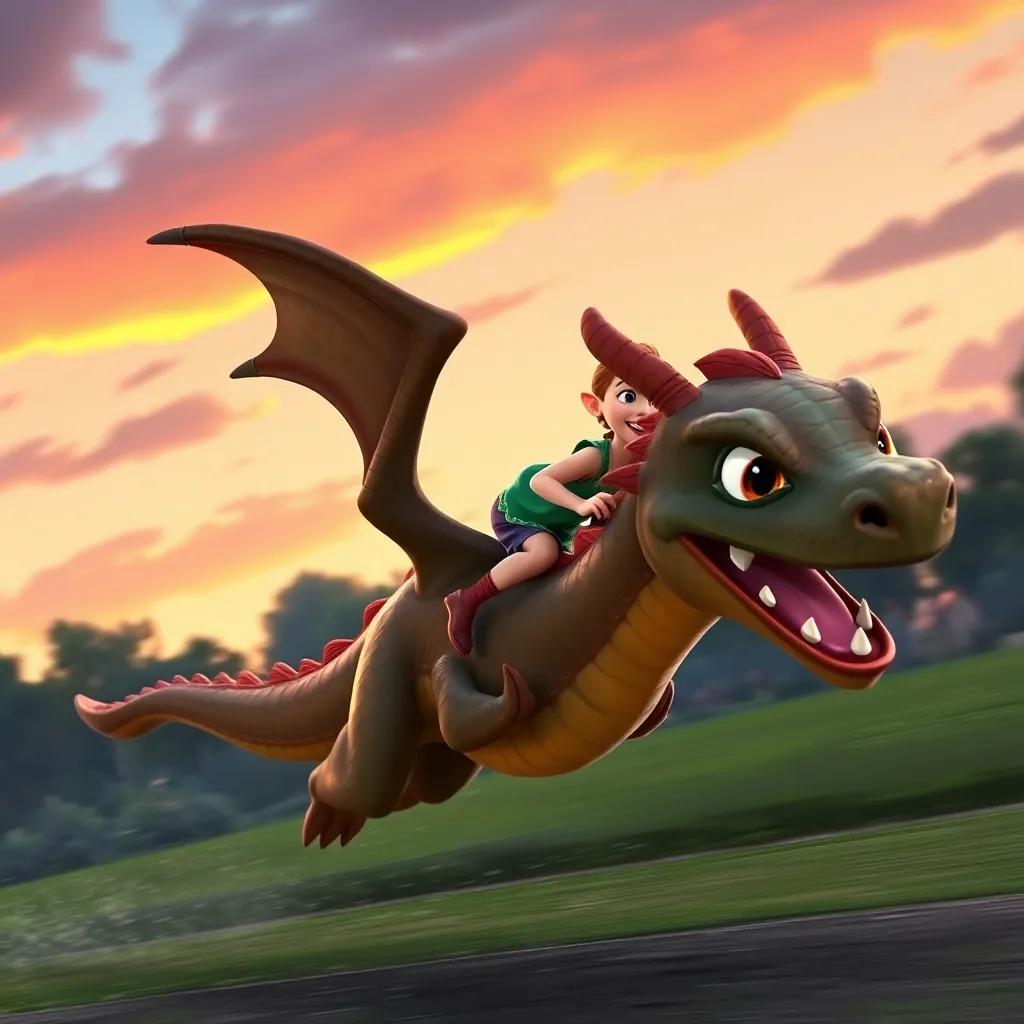 Piper on a mighty dragon (her pet) zooming through the park, excitement on Piper's face, dragon's wings wide open, dramatic scene with a dusk sky, fantasy adventure, high quality artwork