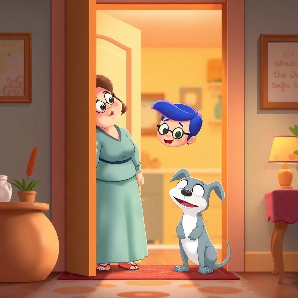 Piper's mom surprised at the door, with Piper and the peculiar pet beside her, cozy home background, warm greetings, charming scene, soft colors, digital illustration, heartwarming