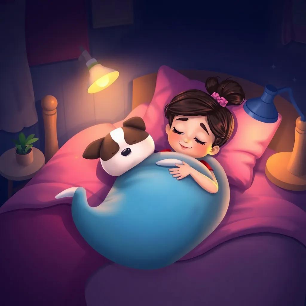 Piper sleeping peacefully in her bed with her pet transformed into a soft pillow, cozy bedroom with colorful decor, night light glowing softly, serene atmosphere, delightful illustration, calm and magical