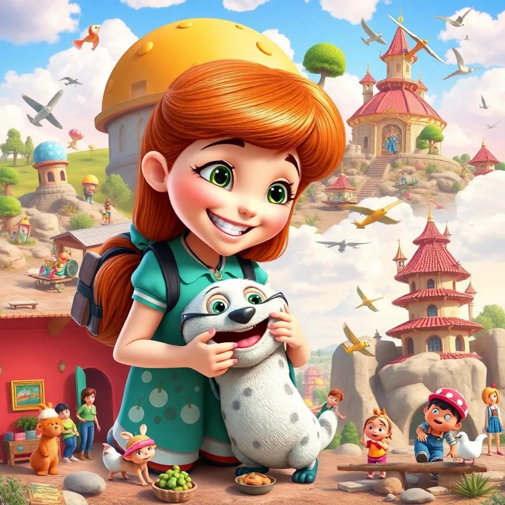 Piper and her peculiar pet enjoying various adventures together, a montage of playful scenes, laughter, friendship, exploring vibrant places, bright colors, fun and whimsical style, cheerful collage.