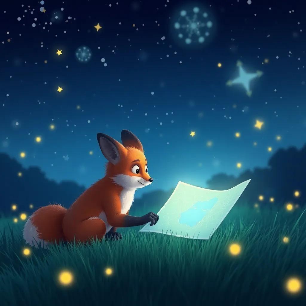 A curious fox named Pip looking at a glowing map on the grass under a night sky filled with bright stars and dancing fireflies, digital art, whimsical, soft light, vibrant colors, inviting atmosphere, high quality