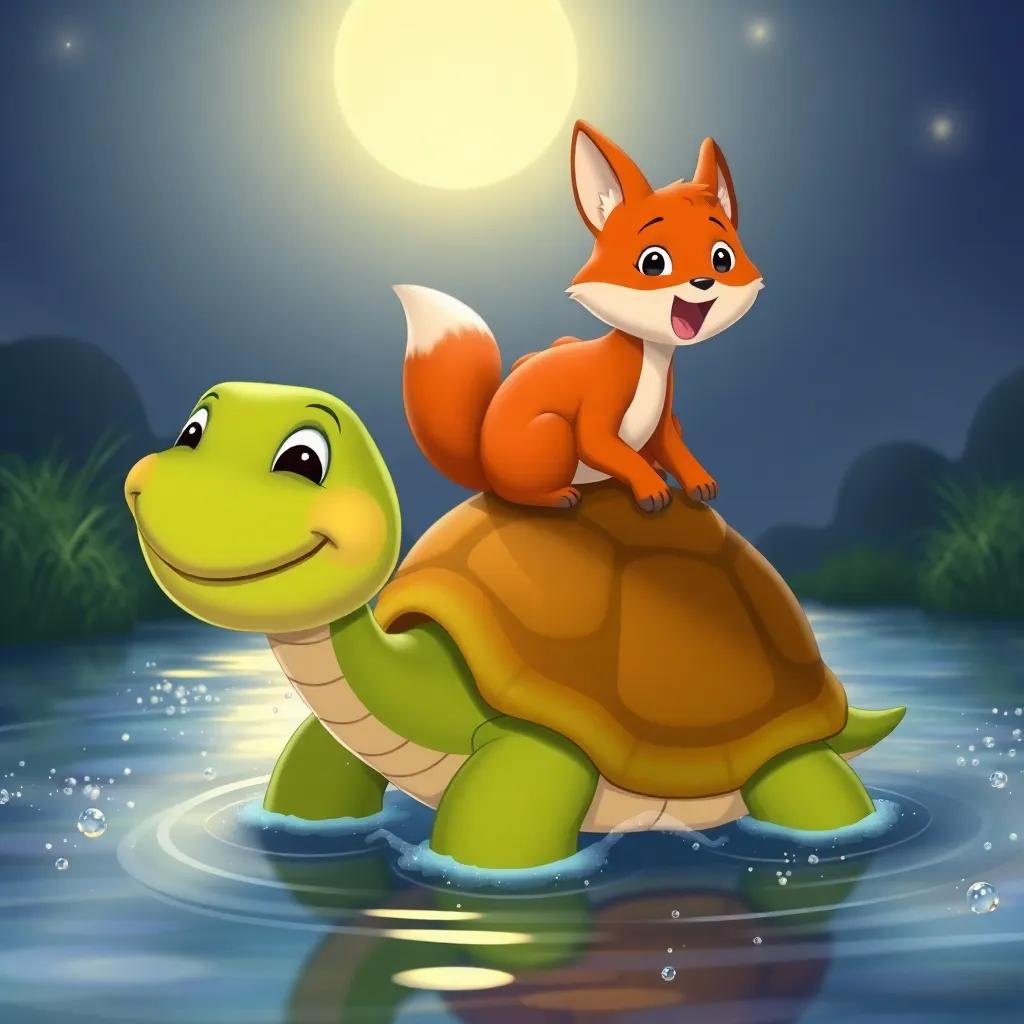 A happy turtle named Timmy with a friendly smile, letting Pip the fox ride on his back while crossing a sparkling river, the moonlight reflecting on the water, illustration, cheerful, warm colors, child-friendly, high quality