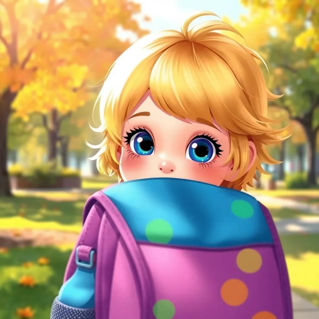A little girl, Pixel, with fluffy golden hair and bright blue eyes, hiding behind a colorful backpack in a sunny park, digital art, vibrant colors, cheerful atmosphere, high quality