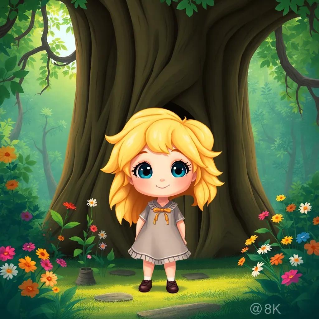 A little girl, Pixel, with fluffy golden hair and bright blue eyes, standing in a lush green forest, in front of a hidden door in a big oak tree, with colorful flowers all around, illustration, magical, vibrant, child-friendly