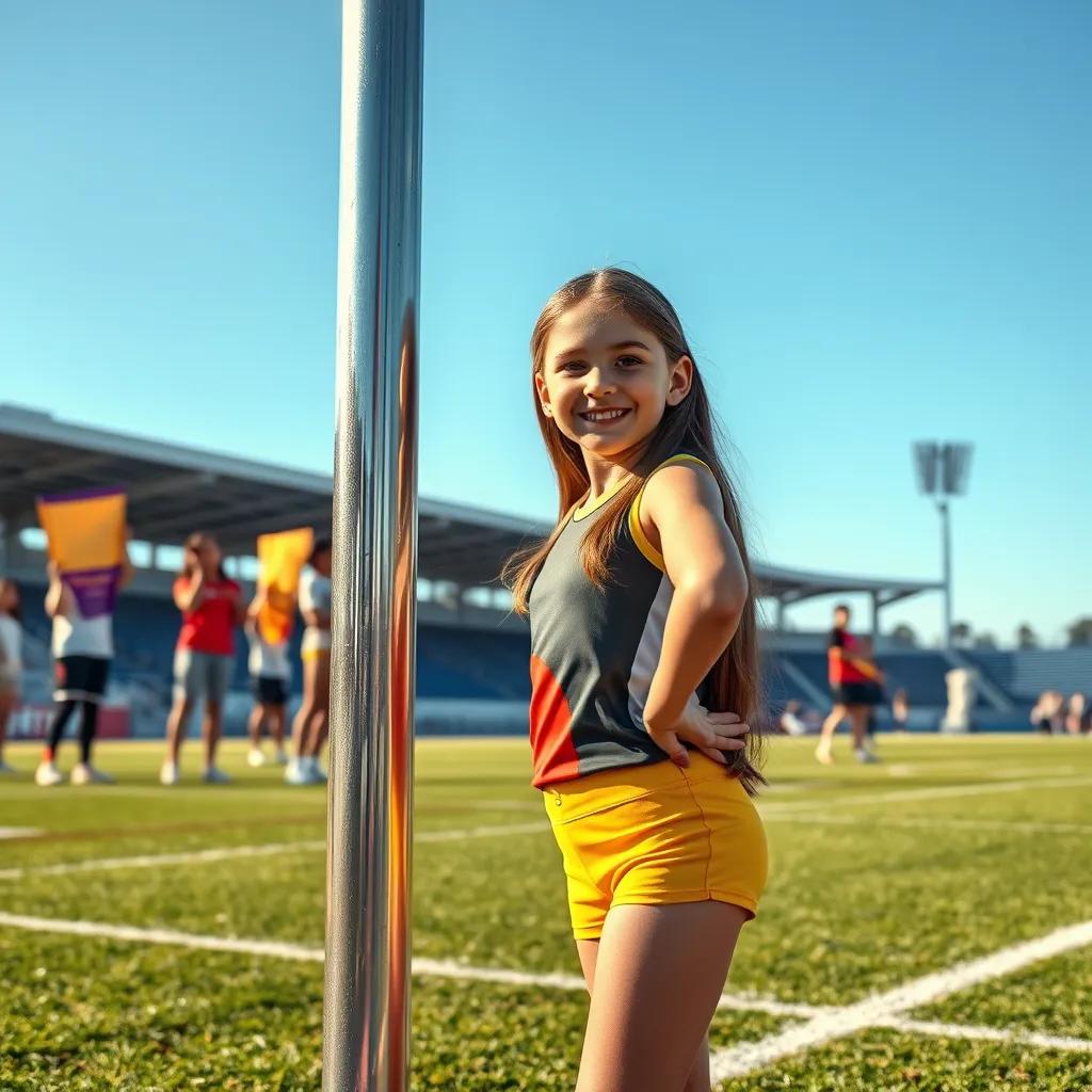 A bright athletic field with green grass and a clear blue sky. Plesis, a young girl with long brown hair, is standing beside a shiny silver pole, smiling confidently while dressed in a colorful sports outfit. Friends are in the background cheering her on, holding colorful banners.