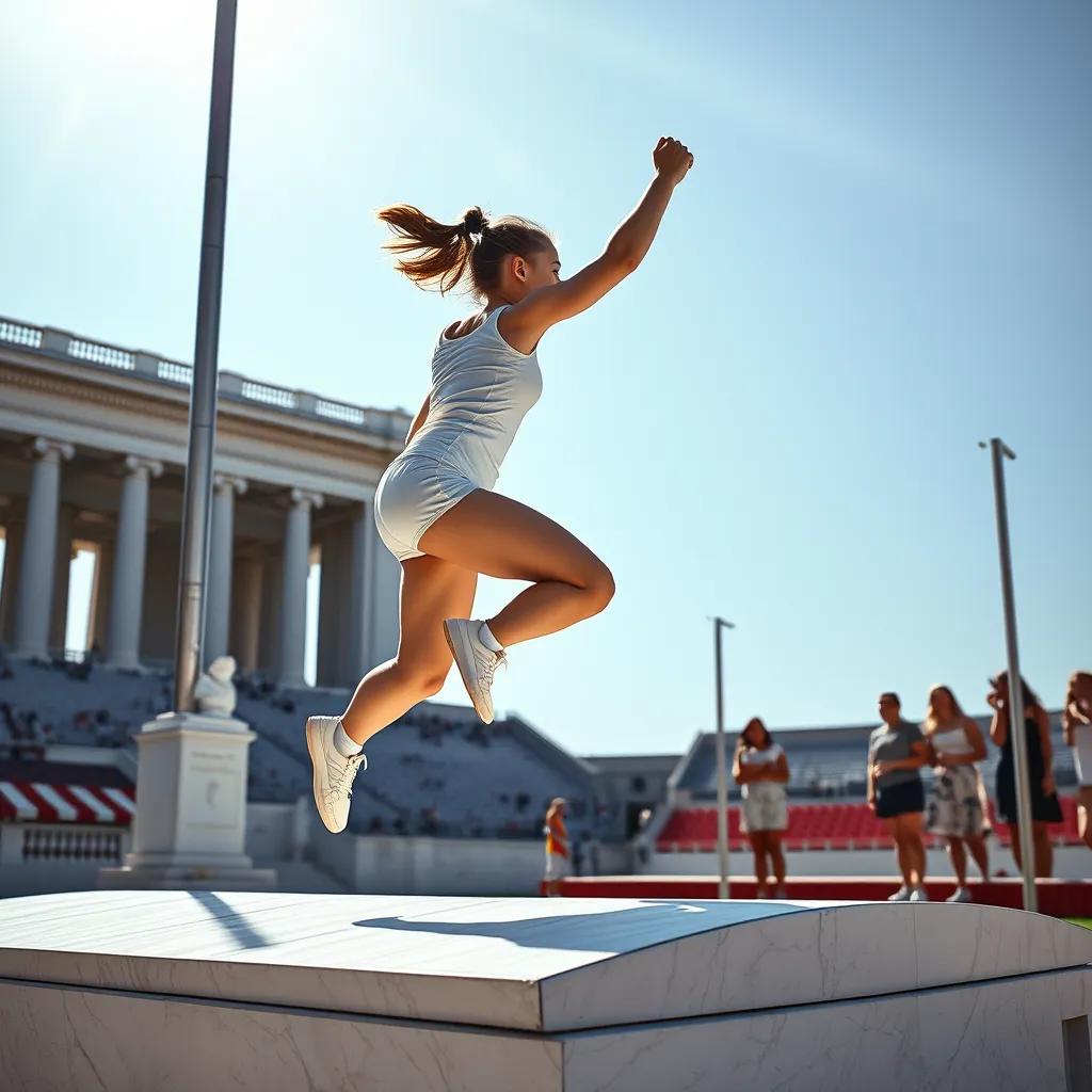 Plesis practicing her pole vault jump, showing her strong determination. She is sprinting towards a vaulting mat while holding her pole. The sun shines down, and her friends encourage her from the sidelines with excitement.