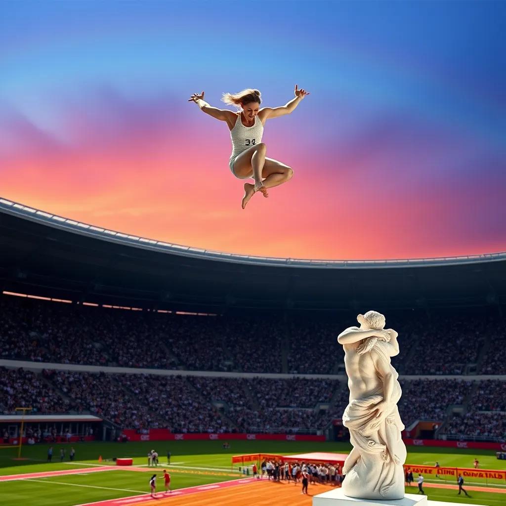 The moment of Plesis attempting the record jump. She is soaring through the air, vaulting high above a colorful rainbow. Below her, the field and cheering crowd look tiny, capturing the thrill of her jump, with bright colors in the background.