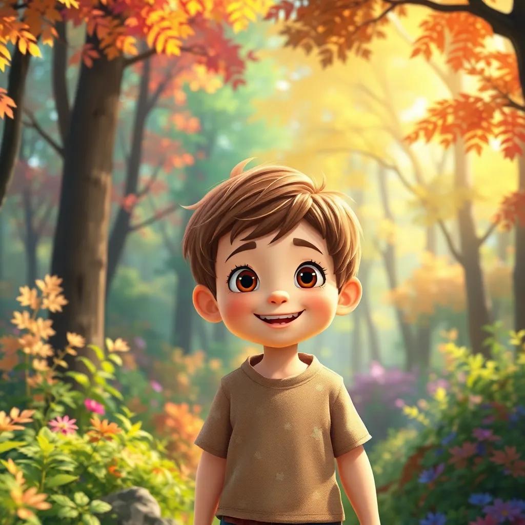 A little boy named Tim with short brown hair and a bright smile, exploring a forest filled with colorful trees and soft sunlight, digital art, cheerful, vibrant colors, whimsical atmosphere, high quality