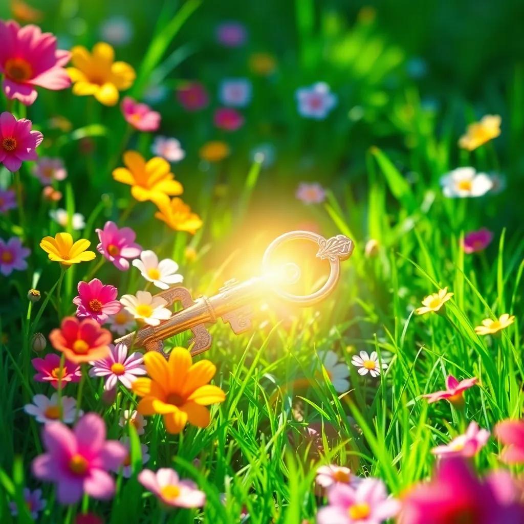A glowing key surrounded by colorful flowers and bright green grass, shimmering in the sunlight, digital painting, magical, enchanting atmosphere, rich details, high quality