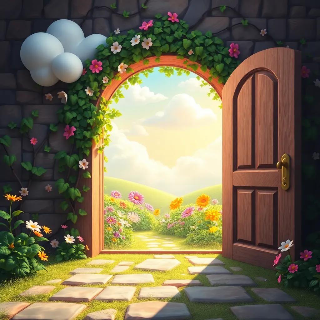A large, vine-covered door opening wide, revealing a bright and magical land filled with singing flowers and fluffy clouds, digital art, whimsical, vivid colors, inviting perspective, high quality