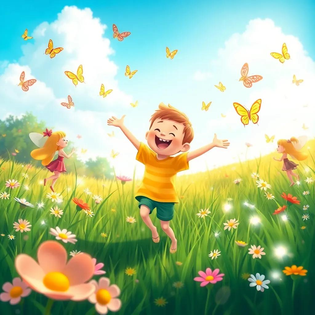 A joyful Tim dancing with fairies in a lush meadow, surrounded by butterflies and sparkling flowers under a blue sky, illustration, delightful, colorful, child-friendly, high quality