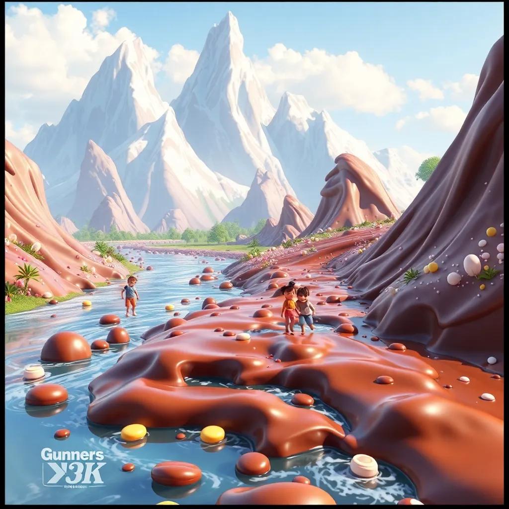 A river made of chocolate with gumdrop mountains in the background, children playing happily in the scene, fantasy style, bright colors, joyful atmosphere, high quality