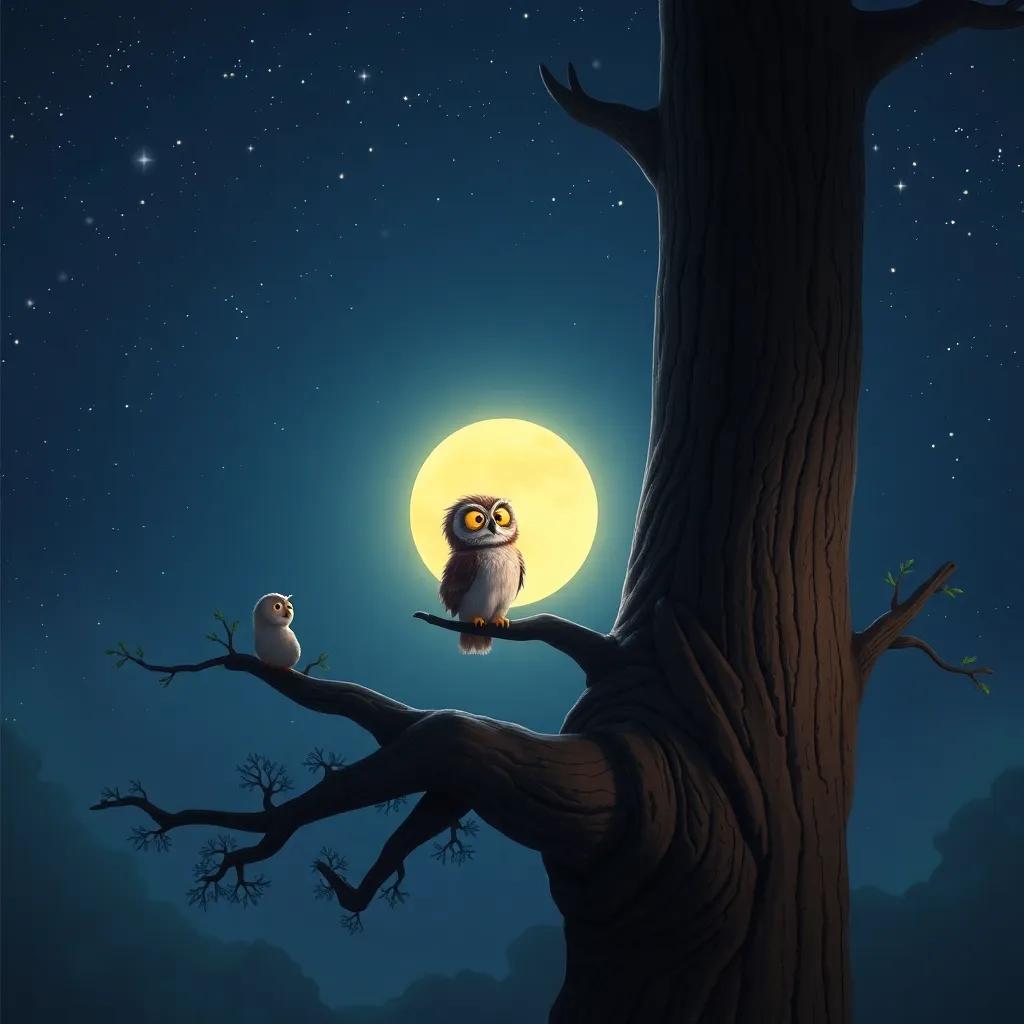 A wise owl sitting on a branch of a tall tree, giving advice to Tim, surrounded by a starry sky and glowing moon, digital art, serene, nighttime, magical, high quality