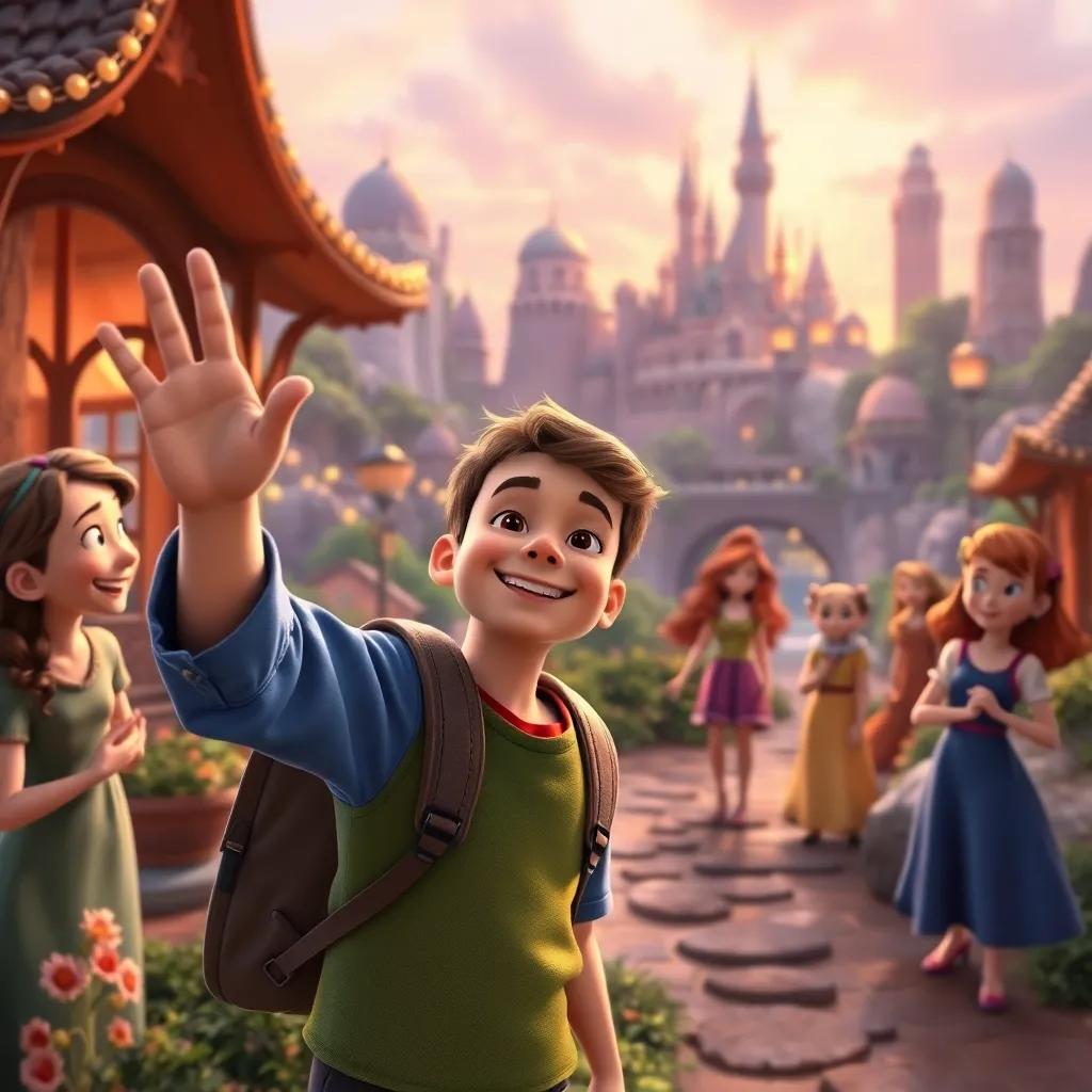 Tim waving goodbye to his new friends in the magical land, with smiles and laughter all around, enchanting scenery, warm colors, heartfelt moment, high quality