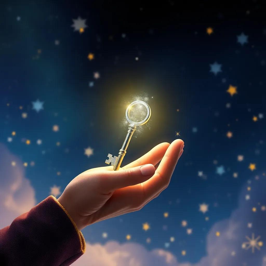 A sparkling key resting in Tim's hand, symbolizing magic and adventure, surrounded by a backdrop of dreams and stars, detailed digital art, inspiring, vibrant colors, high quality