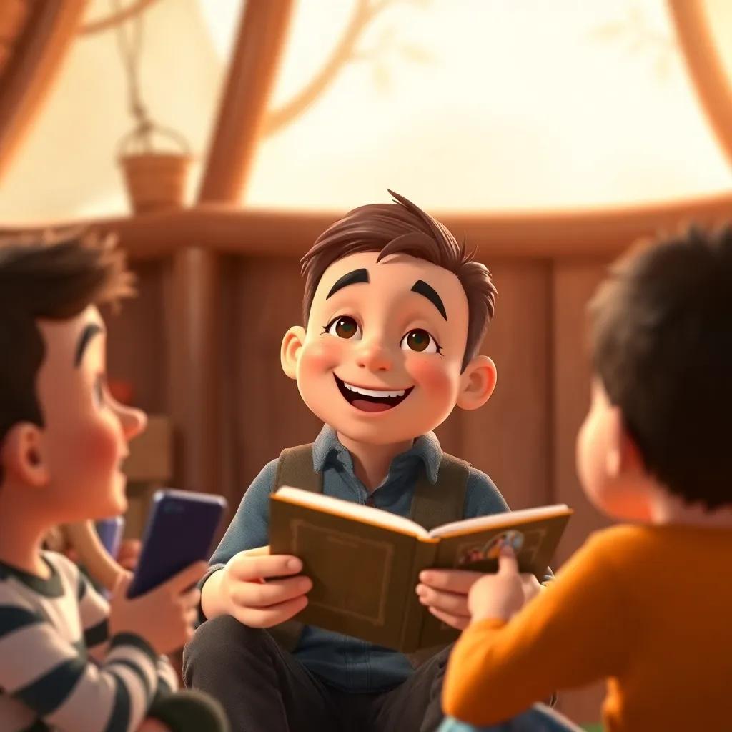 Tim back in Popk sharing stories with children, full of smiles and animated expressions about his adventure, warm and friendly, storytelling atmosphere, high quality
