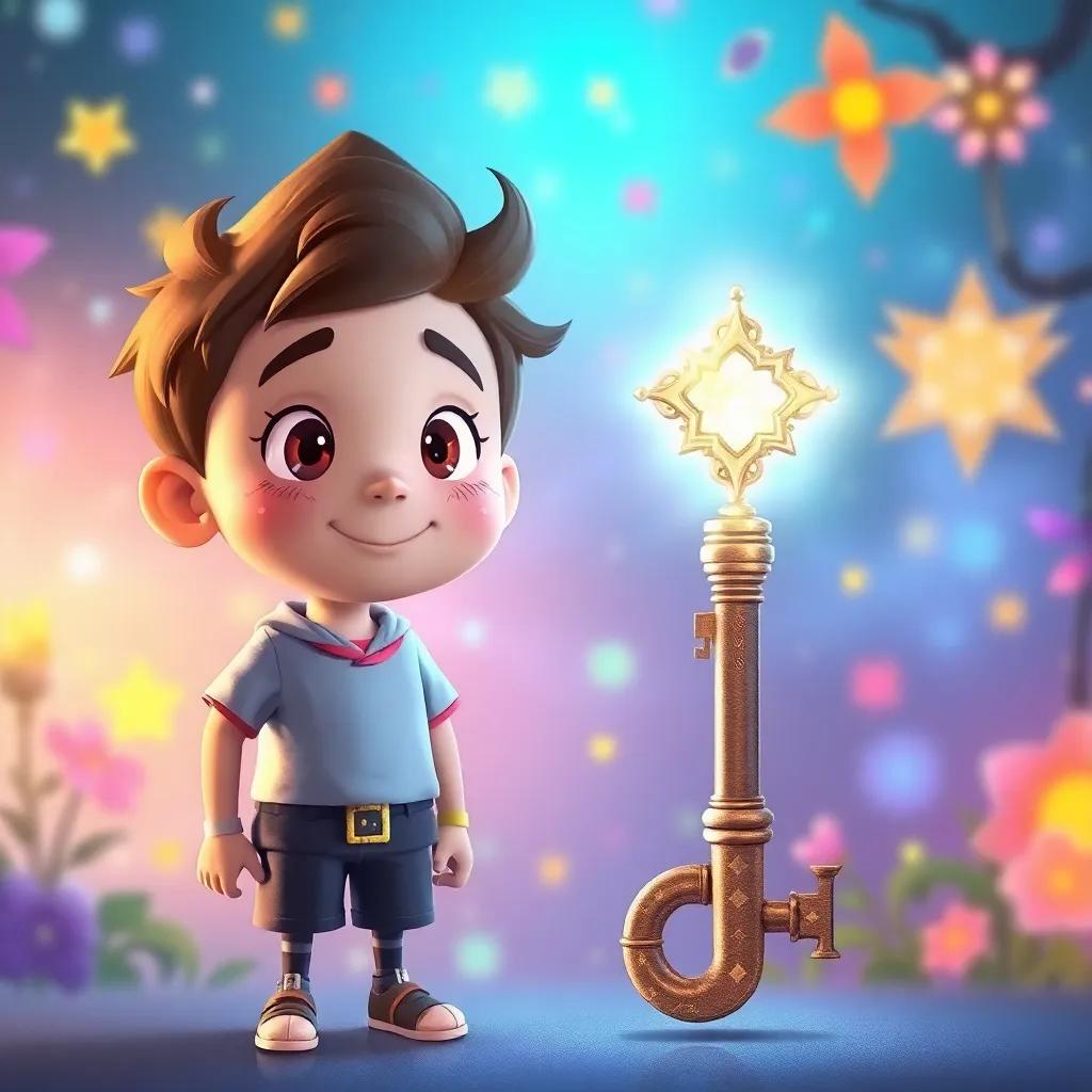 A shining key next to Tim, representing the magic he experienced, illustrated with colorful dreamlike elements in the background, digital art, whimsical, uplifting, high quality