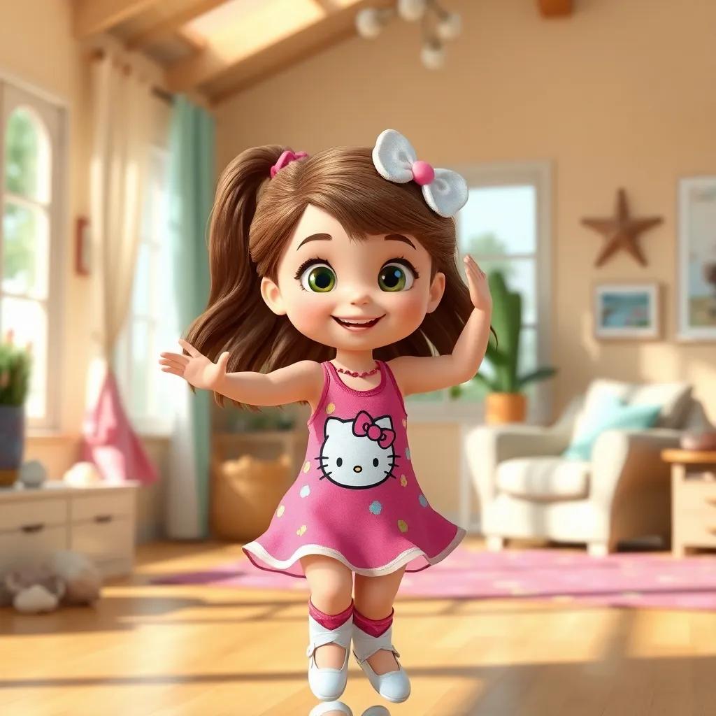 A young girl, Poppy, with brown hair wearing a colorful Hello Kitty dance outfit, practicing her dance moves in a sunny living room with seashells and beach decor, digital art, vibrant colors, cheerful atmosphere, high quality