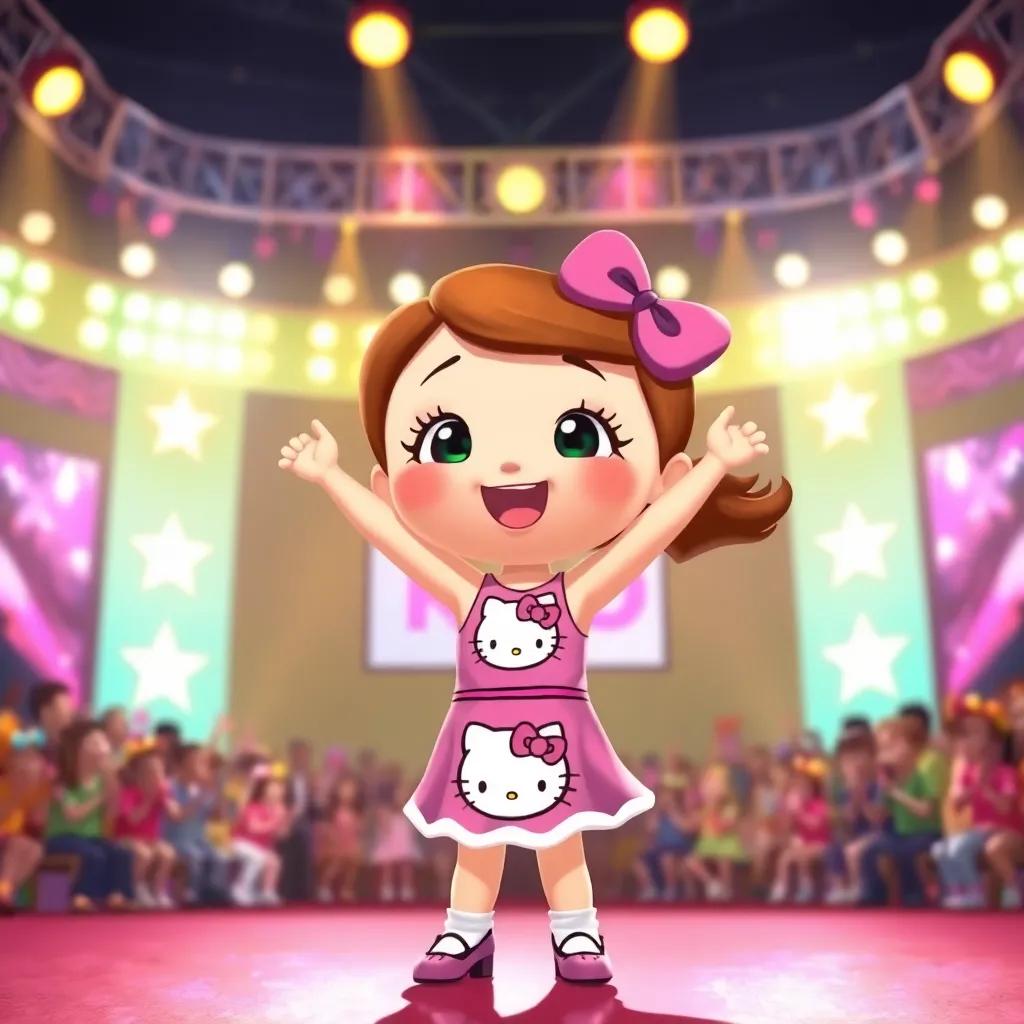 Poppy, a young girl with brown hair in a Hello Kitty dance outfit, standing on a big stage with bright lights and cheering audience, celebrating her victory in a dance contest, illustration, colorful, joyful, high quality