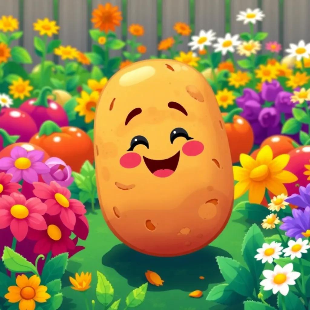 A cheerful potato named Ali, with a golden-brown peel, rolling happily in a colorful garden surrounded by bright vegetables and flowers, digital art, vibrant colors, sunny atmosphere, appealing composition, high quality