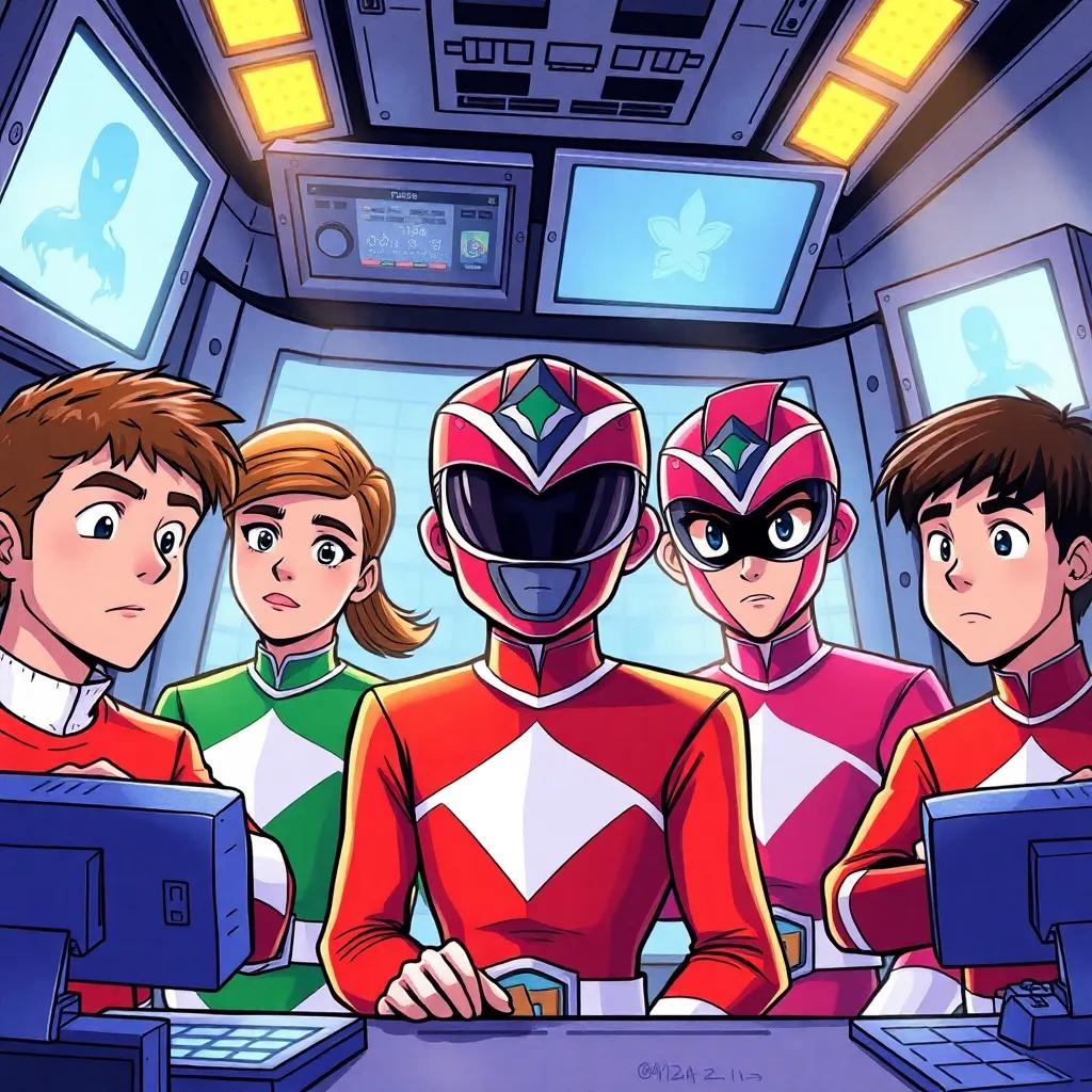 A group of five teenagers, the Mighty Morphin Power Rangers, Jason, Kimberly, Tommy, Trini, and Zack, looking worried in a high-tech command center with screens glowing, intense expressions, digital art, vibrant colors, action-packed atmosphere, detailed