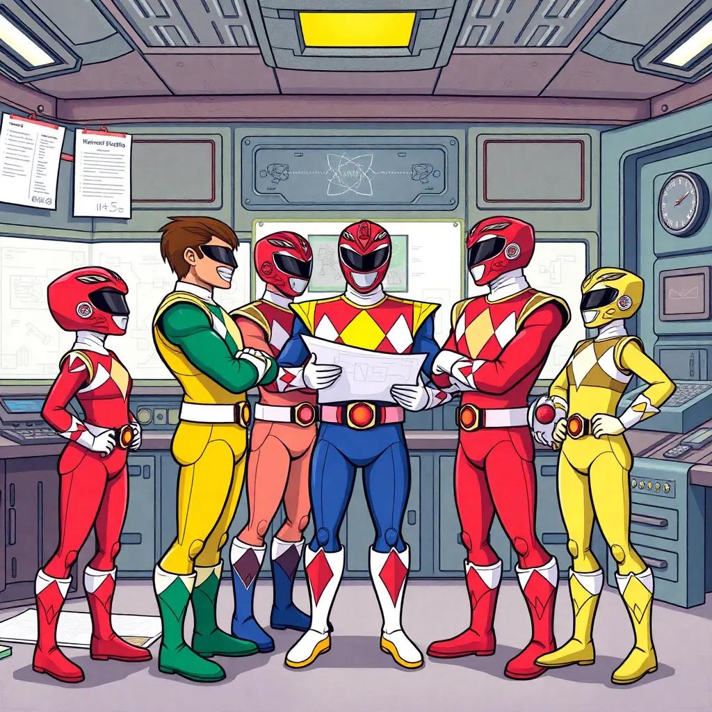 The Power Rangers standing strong together, passionately discussing their plan with determined looks, surrounded by blueprints and gadgets in the command center, illustration, bright colors, teamwork, child-friendly, engaging