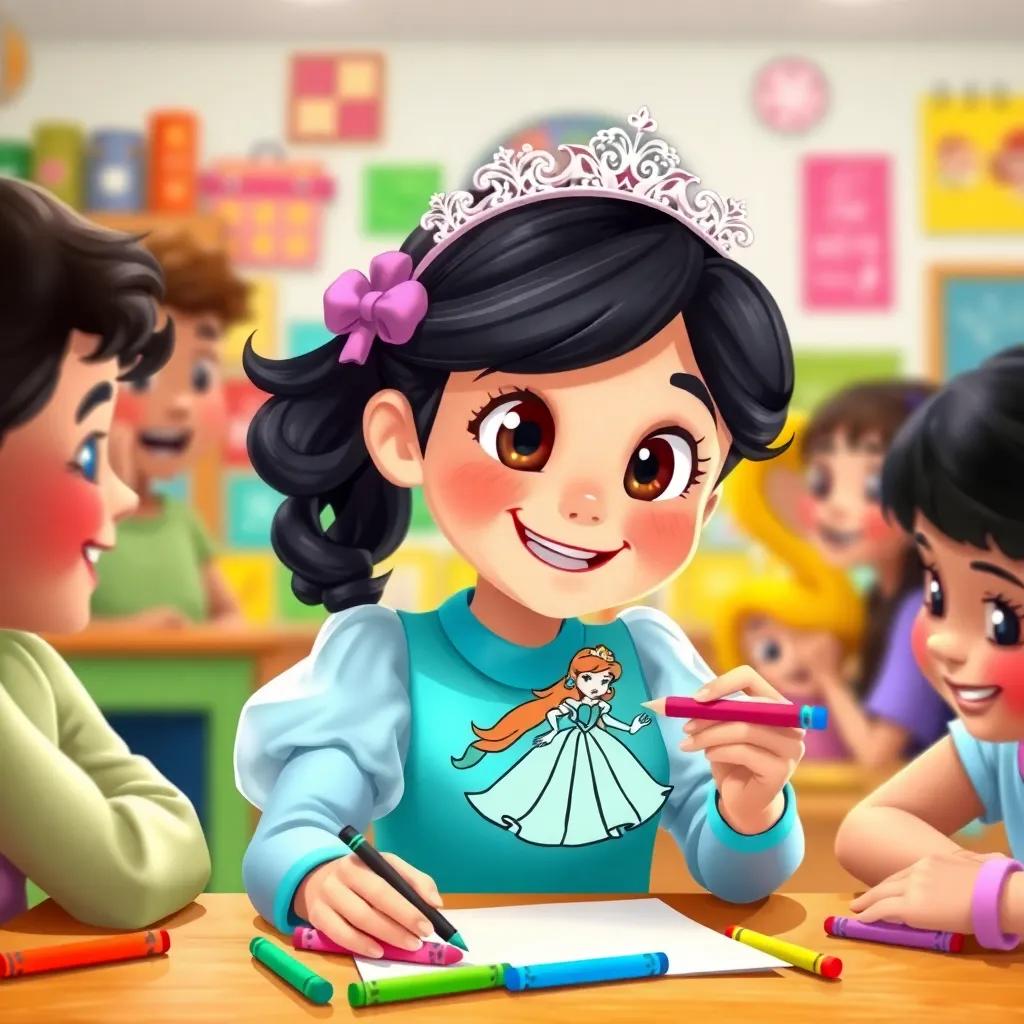 Princess Emy, a cheerful girl with coal-black hair and wide brown eyes, drawing a princess on a piece of paper with colorful crayons, surrounded by friends in a colorful classroom, cheerful atmosphere, digital illustration, fun and engaging, high quality