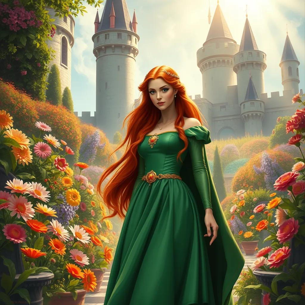 A brave princess with long red hair standing in a beautiful castle garden with bright, colorful flowers and sunlight shining down, wearing a green dress.