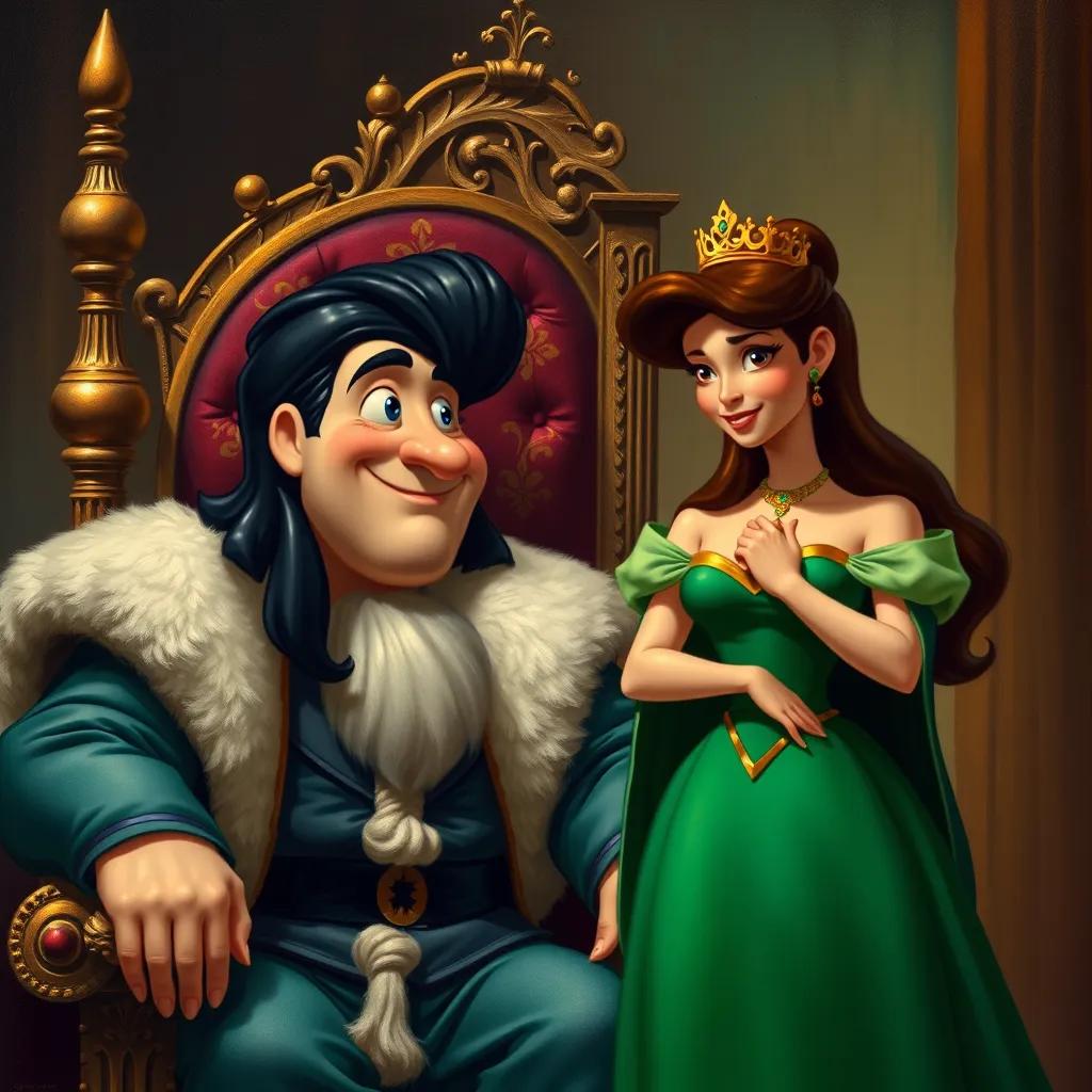 King Farquad, a short man with slick black hair, sitting on a throne, looking thoughtful while smiling at Princess Fiona, who stands confidently before him.