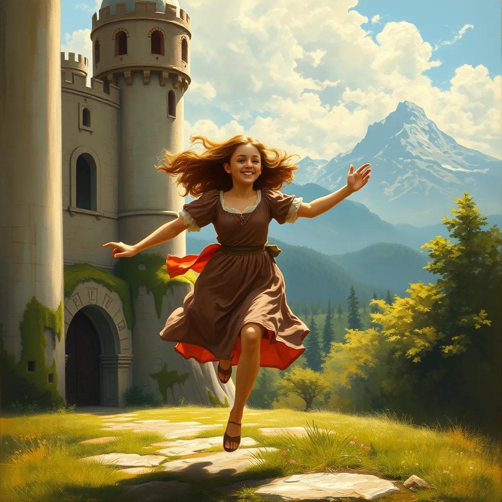 Fiona joyfully running outside the castle, embracing her newfound freedom, with trees and mountains in the distance representing her adventurous spirit.