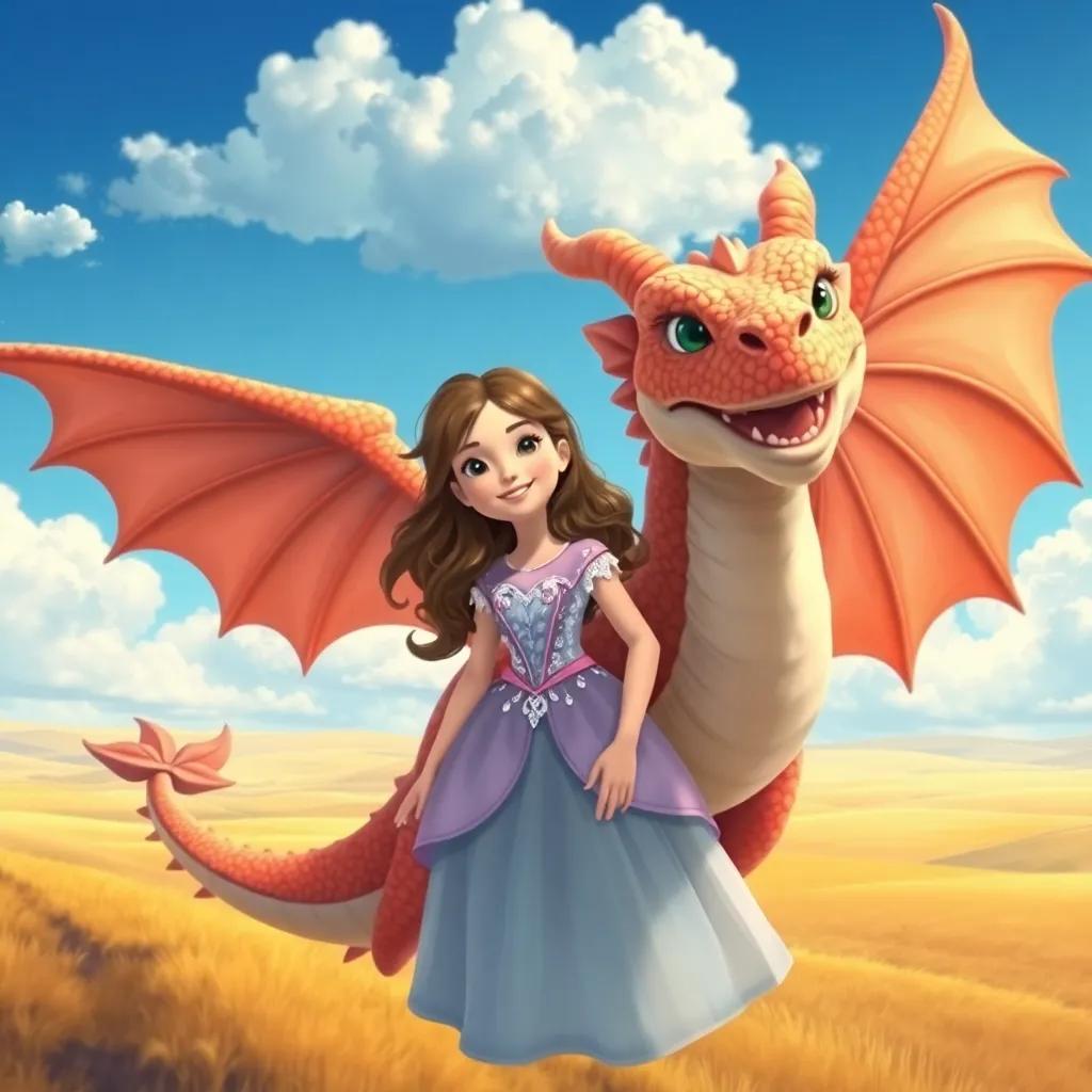 Princess Nancy, a young girl with long brown hair in a sparkling gown, happily standing beside Dracareyes, a friendly dragon, flying over golden fields with blue skies and fluffy clouds, illustration, uplifting, adventure-themed, child-friendly