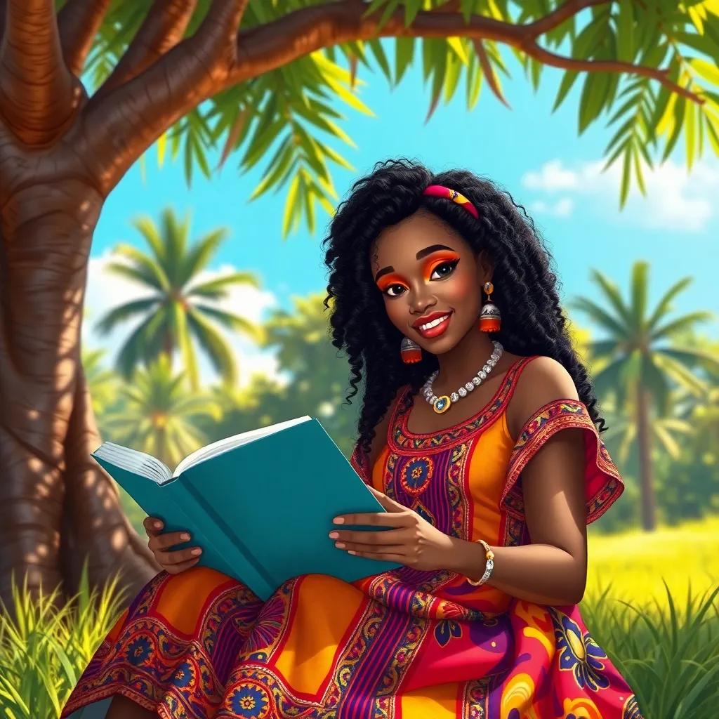 A young African princess, Nayó, with dark curly hair wearing a colorful traditional dress, sitting under a big baobá tree, reading a book, sunny day, vibrant colors, cheerful atmosphere, high quality, digital art