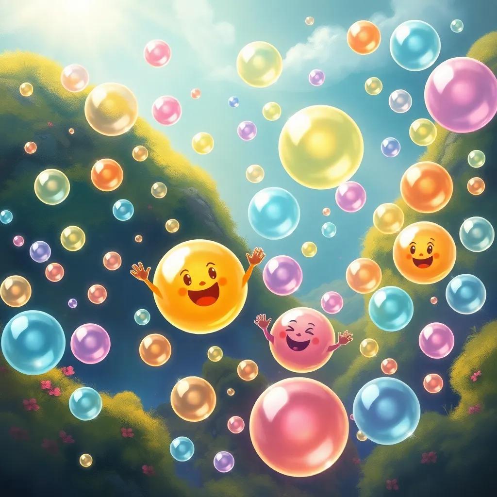 A magical land called Bubble Land, filled with colorful bubbles of various shapes, floating cheerful characters made of bubbles waving, glowing light reflecting off the bubbles, playful atmosphere, enchanting scenery, bright and cheerful colors, artistic illustration.