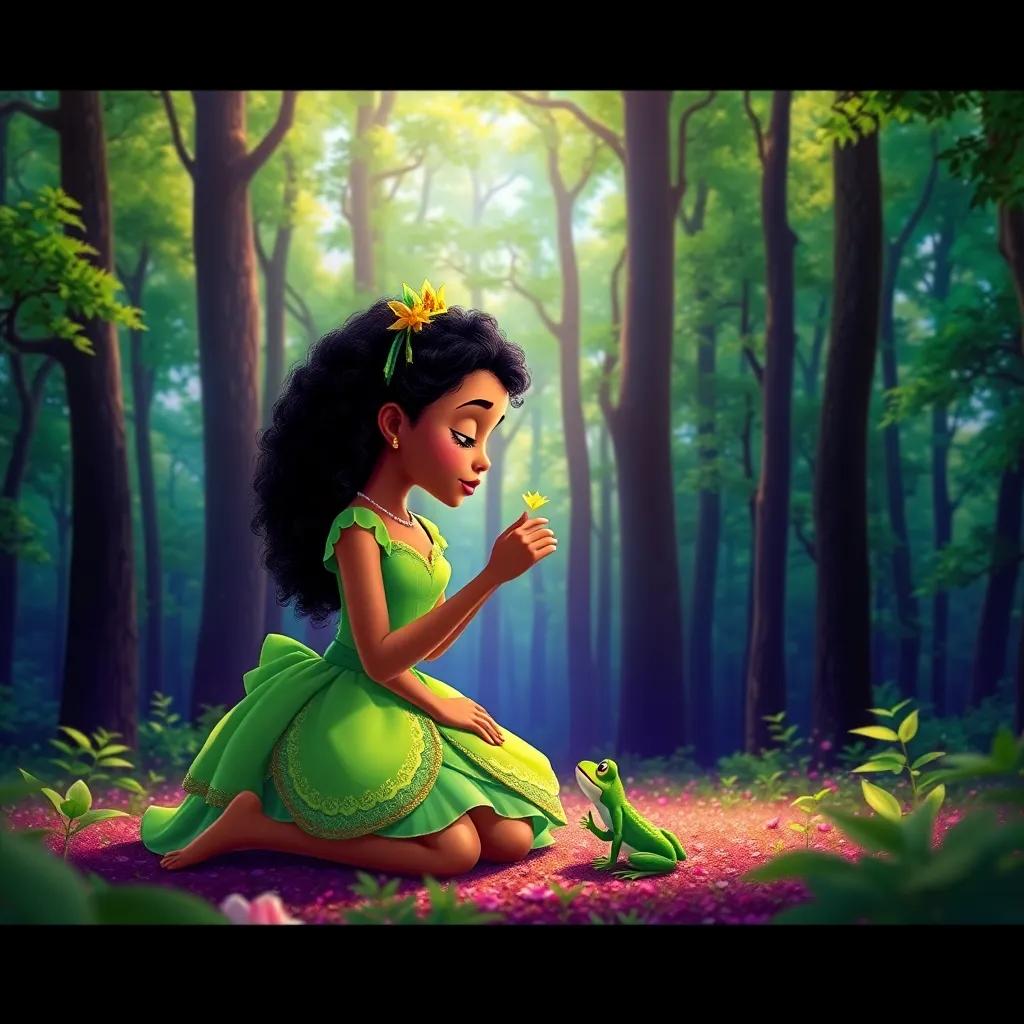 A bright green forest with tall trees, Princess Tiana, a young African-American girl with curly hair wearing a green princess dress, kneeling down to kiss a little frog, digital art, vibrant colors, magical atmosphere, high quality