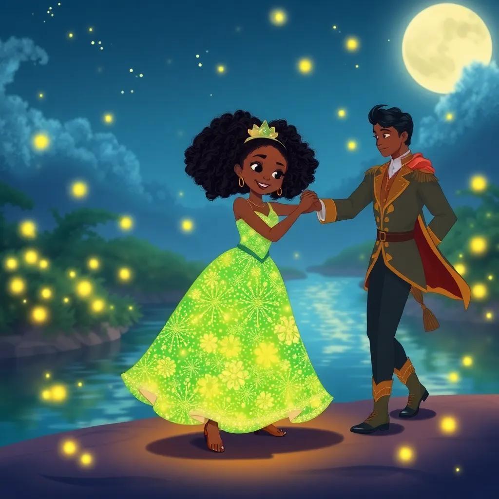 Princess Tiana, a young African-American girl with curly hair in a sparkling green dress, dancing joyfully with a handsome prince in the moonlight, surrounded by glowing fireflies and a sparkling river, illustration, whimsical, enchanting, child-friendly